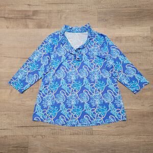 Resort Nylon Knit Ruffle V Neck Stretch Top Womens Size XL Coral Nautical Print